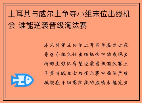 土耳其与威尔士争夺小组末位出线机会 谁能逆袭晋级淘汰赛