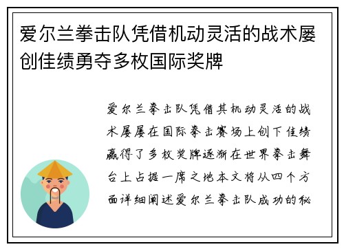 爱尔兰拳击队凭借机动灵活的战术屡创佳绩勇夺多枚国际奖牌
