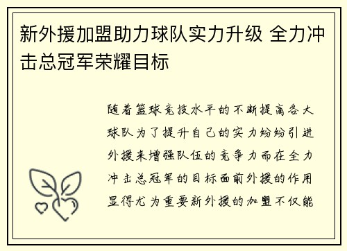 新外援加盟助力球队实力升级 全力冲击总冠军荣耀目标