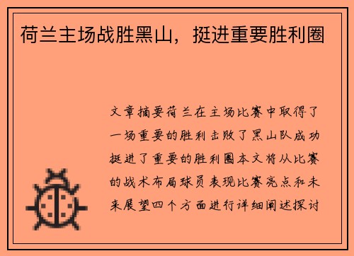 荷兰主场战胜黑山，挺进重要胜利圈