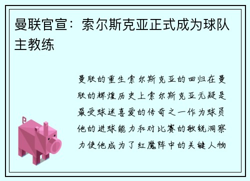 曼联官宣：索尔斯克亚正式成为球队主教练